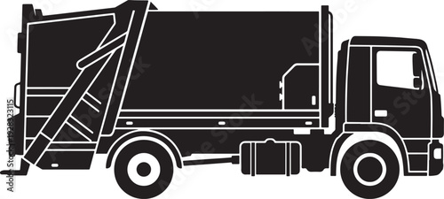 Garbage Truck Side View Black Silhouette.