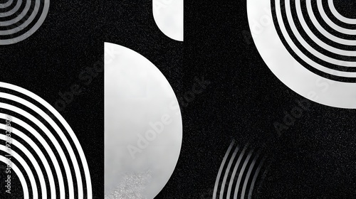 Large white semicircles and concentric circles with black stripes on textured black surface. multiple geometric shapes vary in size and pattern.