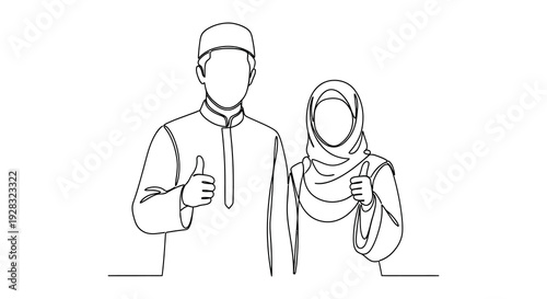A continuous line drawing depicts a muslim couple giving thumbs up showcasing elegant minimalism as a silhouette