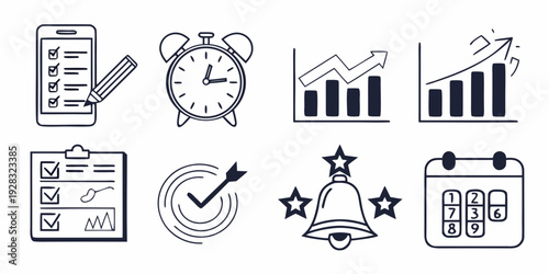 Icons representing various aspects of business and productivity Vector
