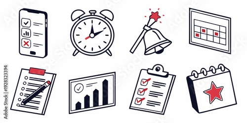 A collection of icons representing time management and productivity tools Vector