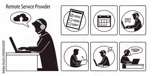 Illustration depicting various remote work activities and tools Vector