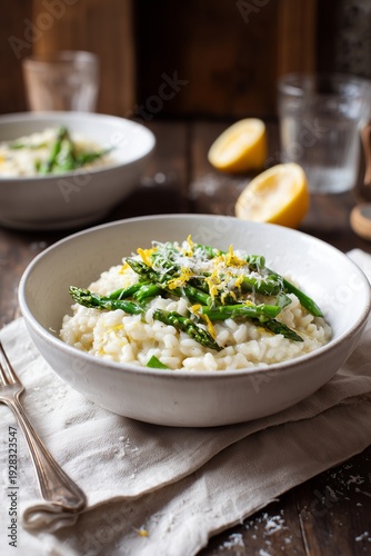 Asparagus risotto with lemon zest and shaved parmesan in white bowl on linen tablecloth. Elegant spring dish with creamy texture and subtle flavors.