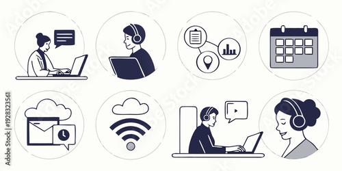 Illustrations of people working and studying remotely using various devices and technologies Vector