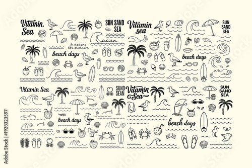 Summer beach hand drawn doodle illustration set