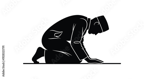 A devout muslim man in traditional attire is shown in a prayerful pose a striking silhouette high quality