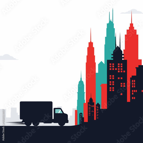 Cityscape with Truck and Skyscrapers.