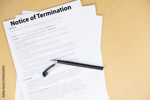 Obraz na plátně Notice of termination document on office desk, official HR paper announcing job dismissal or contract ending, symbol of decision, change, and professional transition