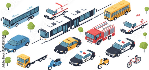 City Transport and Emergency Vehicle Isometric Set with Bus, Tram, Taxi, Police Car, Fire Truck, Bicycle and Delivery Vehicles for Urban Traffic Design