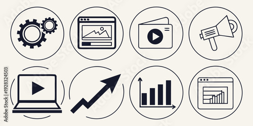 Icons representing various business and management functions and tools. Vector