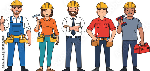 Construction Workers and Engineers Cartoon Character Set with Tools Helmets and Uniforms for Building Industry, Maintenance Services, and Labor Team Vector Illustration