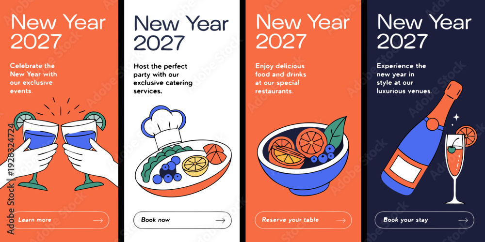 Naklejka premium 2027 New Year Celebration & Hospitality Set – Illustrated Event, Catering, Dining, and Resort Posters with Festive Graphics and Booking Calls‑to‑Action