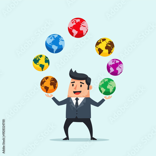 Man juggling globes in business attire.