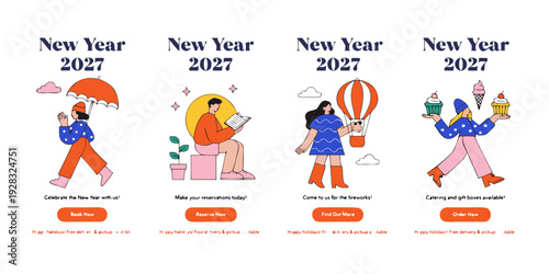 2027 New Year Motivational Card Set – Colorful Illustrated Posters with Positive Messages, Cheerful Characters, and Festive Graphics for Seasonal Marketing and Event Promotion