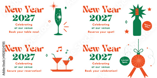 2027 New Year Venue Celebration Set – Festive Illustrated Posters with Champagne, Cocktails, Ornaments, and Booking Calls‑to‑Action for Holiday Events and Seasonal Marketing