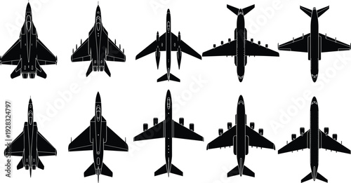 Black vector silhouette collection featuring top view icons of military fighter jets, commercial passenger airplanes, private business jets, and transport aircraft.