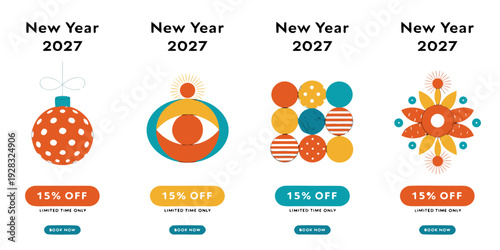 New Year 2027 Sale – Festive Ornament Banners with 15% Off Labels | Modern Geometric Holiday Promo Set