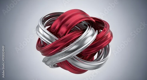 Intricate red and silver interlocking metal and fabric ring