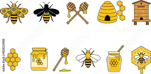 Bee icons, honey production, beekeeping symbols, honeycomb design, pollination art, decorative bees, honey jars, hive illustrations, natural sweet inspiration, eco-friendly