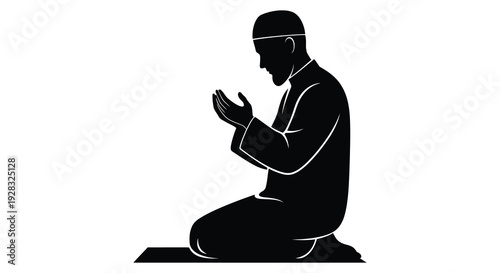 A devout muslim man is depicted in a kneeling prayer position a striking black silhouette high quality professional