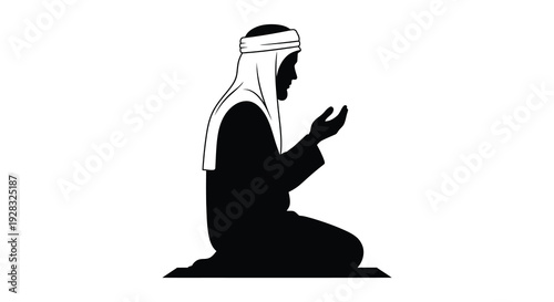A kneeling man in traditional arabic clothing facing forward in a black silhouette high quality professional detailed modern