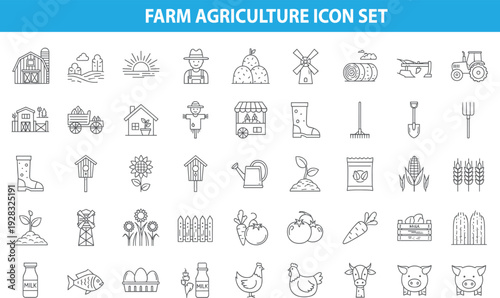 Farm agriculture icon set, farmer tools, barn tractor crops, livestock dairy products, rural life, organic farming, line vector illustration