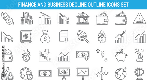 Finance and business decline outline icons set, investment loss, money management, banking crisis, savings, analytics, global economy symbols
