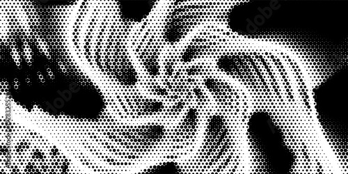 Grunge halftone overlay resembling cloud pattern. Black dot texture on white background. Vector asset for banner, template design.