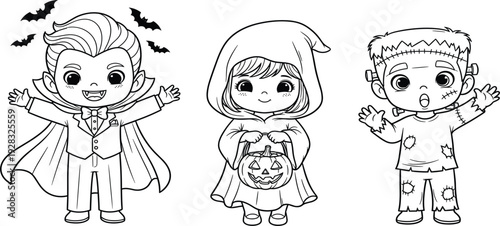 Cute Halloween Kids Coloring Page with Vampire, Witch and Frankenstein Characters in Outline Style for Coloring Book, Party Activity and Holiday Design
