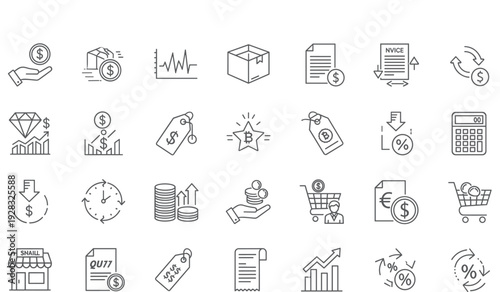 Finance and business icons set, money management, pricing, discounts, invoices, shopping, growth charts, investment symbols, outline vector collection