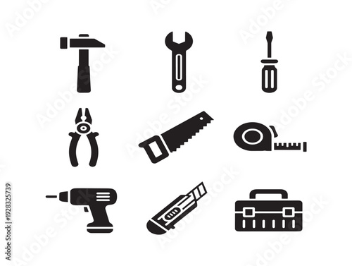 Practical toolkit icons with dynamic utility and instrument silhouette designs