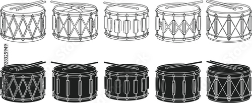 Set of Snare and Field Drum Icons with Drumsticks in Line Art and Silhouette Styles for Music Branding and Percussion Design