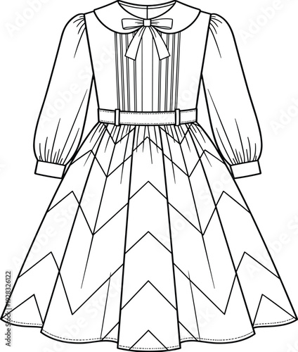 Vintage Style Dress with Zigzag Pattern and Bow Detail
