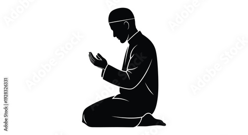A black silhouette depicts a man kneeling in prayer hands raised in supplication silhouette high quality professional detailed