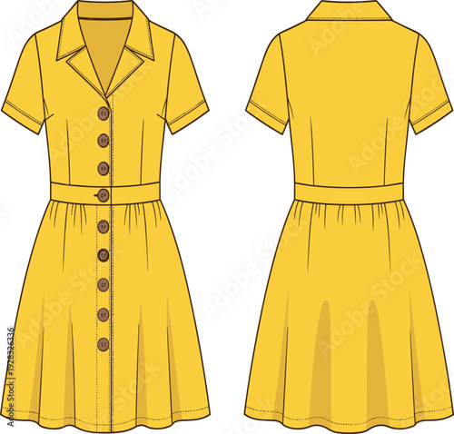 Yellow Button- Up Dress with Short Sleeves and Belt Front View and Back View