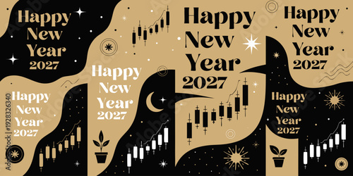 Happy New Year 2027 Gold Panels | Luxury Black‑Gold Celebration Graphics with Growth Bars, Stars & Modern Festive Illustrations