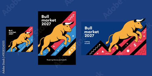 Bull Market 2027 Growth Trend Graphics | Financial Uptrend Illustrations, Stock Market Bull Icons & Investment Rise Designs