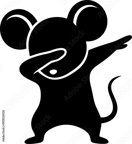 Black mouse cartoon dabbing pose celebrating success. Cute rodent character doing dab move. Simple funny vector icon for sticker, t-shirt, logo