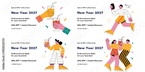 2027 Business New Year Promo Set – Modern Illustrated Celebration Graphics with Drinks, Discounts, and Special Offers for Corporate Marketing, Seasonal Campaigns, and Festive Advertising Templates