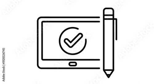 Digital tablet with stylus and checkmark symbol in a simple line art style