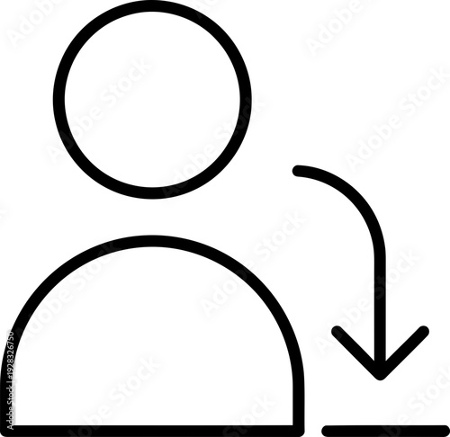 User profile with an arrow pointing down to an empty space. Download or collapse user icon design element. Vector illustration for app UI