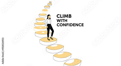 Vector illustration of businesswoman climbing coin stairs with motivational phrase