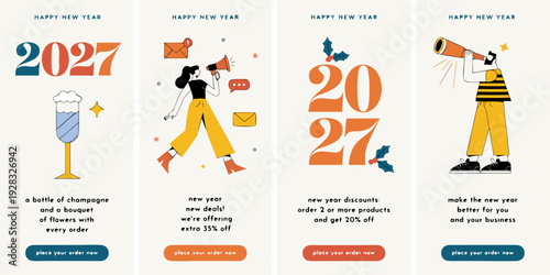 Festive 2027 New Year Shopping Promo Set – Modern Illustrated Holiday Sale Banners with Discounts, Celebration Icons, and “Shop Now” Calls‑to‑Action for Seasonal Marketing and Retail Campaigns