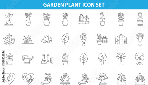 Garden plant icon set, flowers, leaves, pots, trees, nature, eco, home gardening, botanical elements, modern line vector illustration