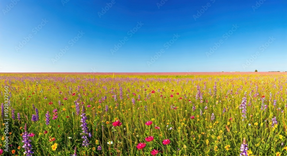 Fototapeta premium Expansive field of vibrant wildflowers beneath a clear, bright blue sky horizon