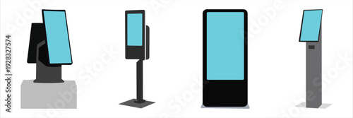Self Service Kiosk Icon Set – Interactive Touchscreen, Payment Terminal and Digital Information Display Silhouette Vector Icons