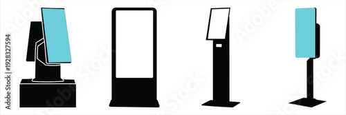 Self Service Kiosk Icon Set – Interactive Touchscreen, Payment Terminal and Digital Information Display Silhouette Vector Icons