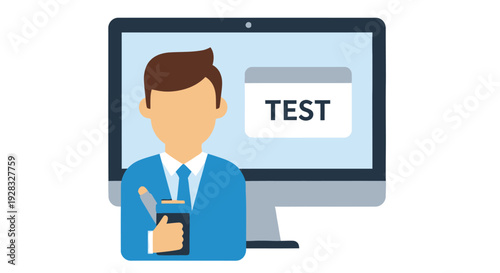 Person taking an online test on a computer with a pencil and notes