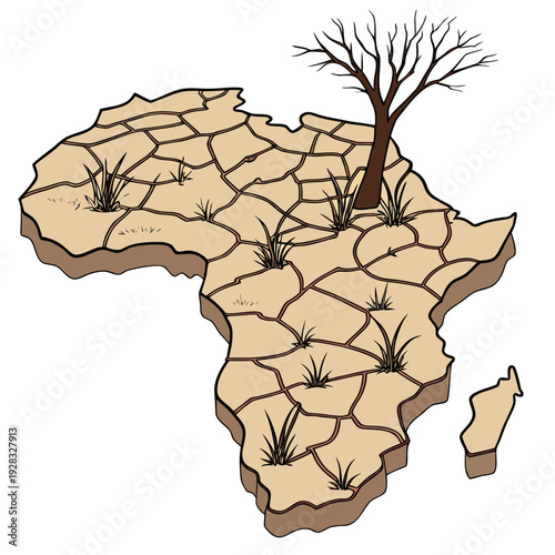 Cracked arid land with tree and grass on africa continent map