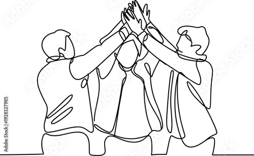 Minimalist continuous line drawing of three people giving collective high five, symbolizing teamwork, unity, celebration, success, collaboration